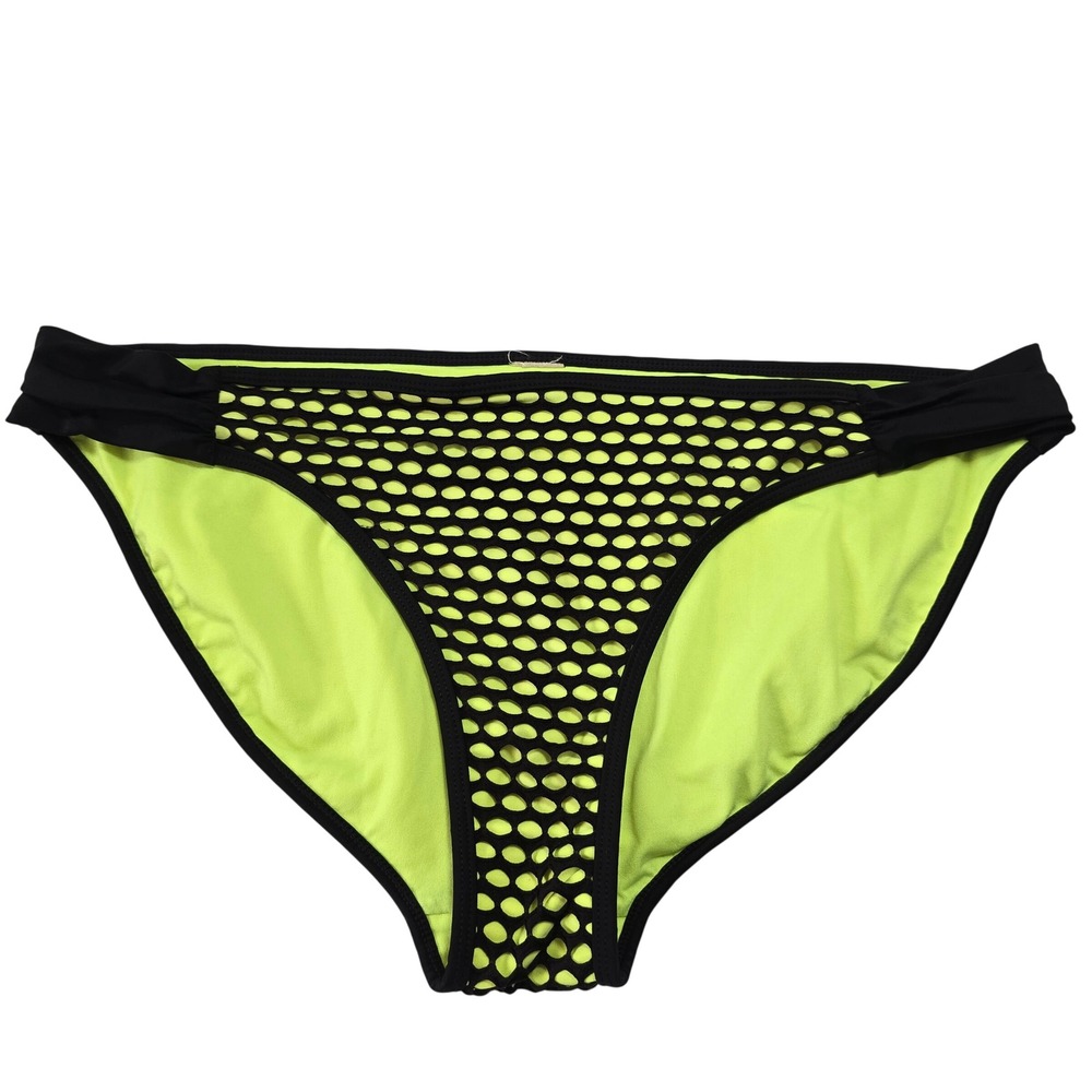 Women Size XL Scoop Bikini Bottom Black Mesh Neon Yellow Overlay